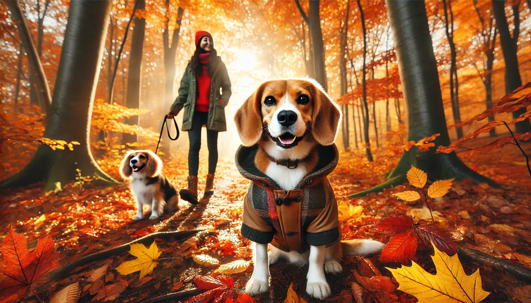 Ein Beagle mit Mantel beim Herbstspaziergang mit Frauchen und Schwester