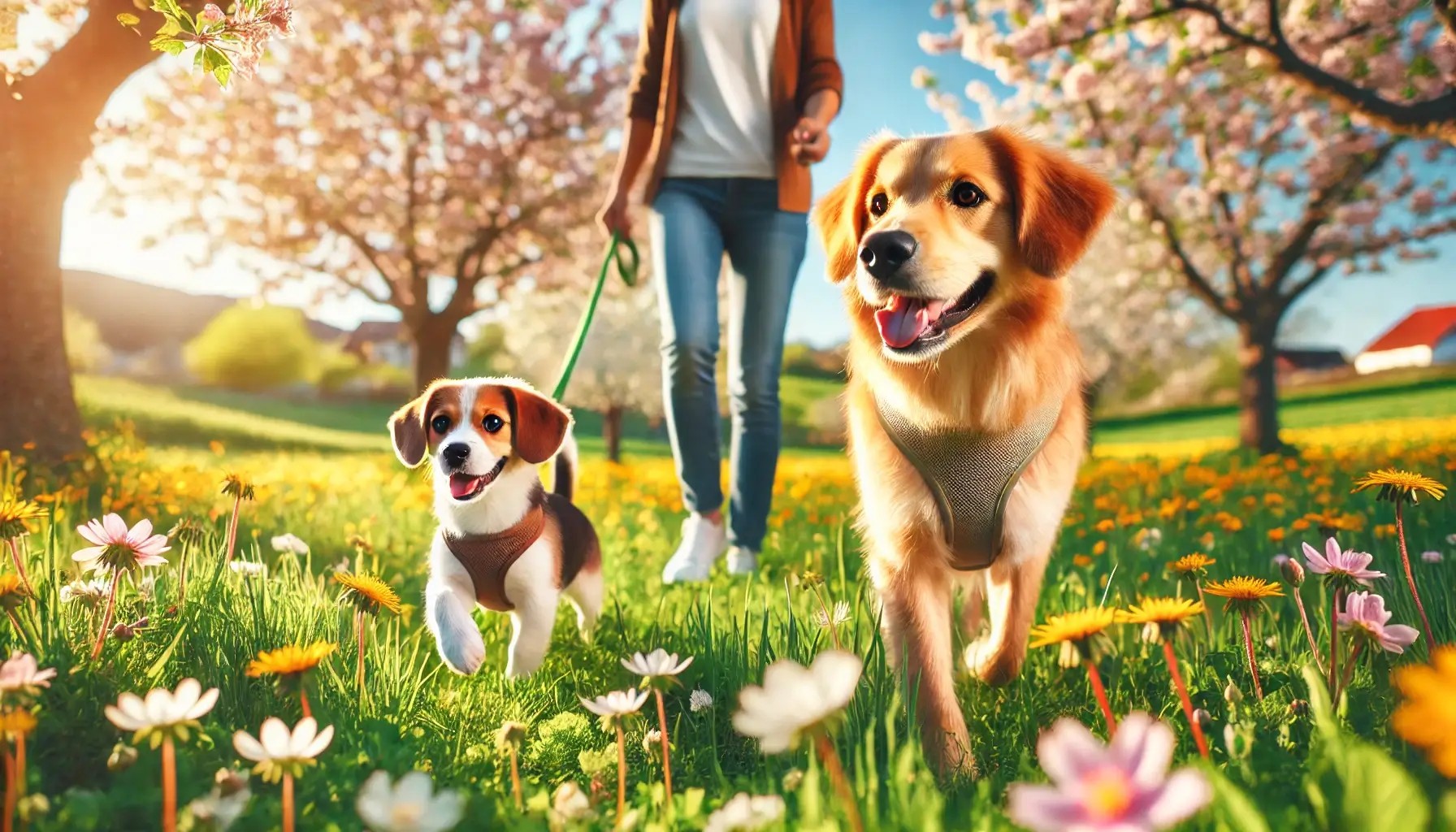 ein Golden Retriever und ein Terrier Welpe laufen über eine Frühlingsweise