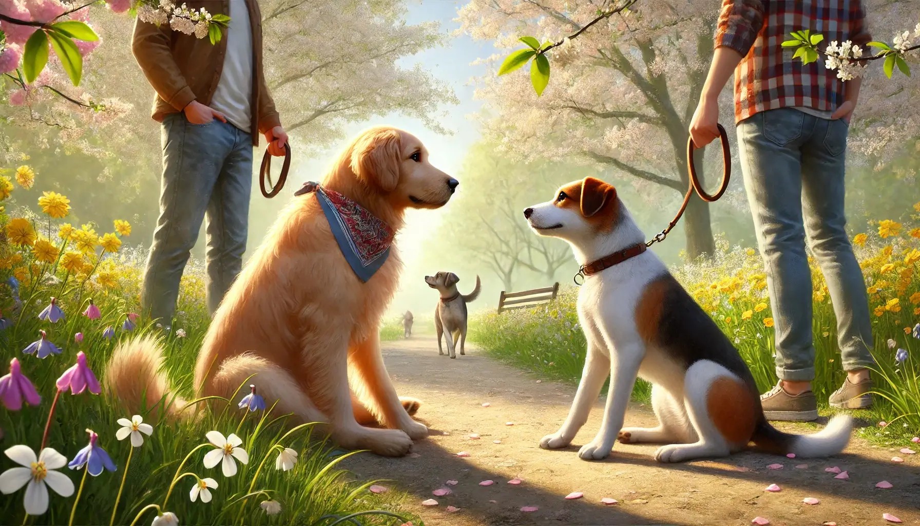 zwei Hunde, die sich auf einem Spaziergang verliebt anschauen