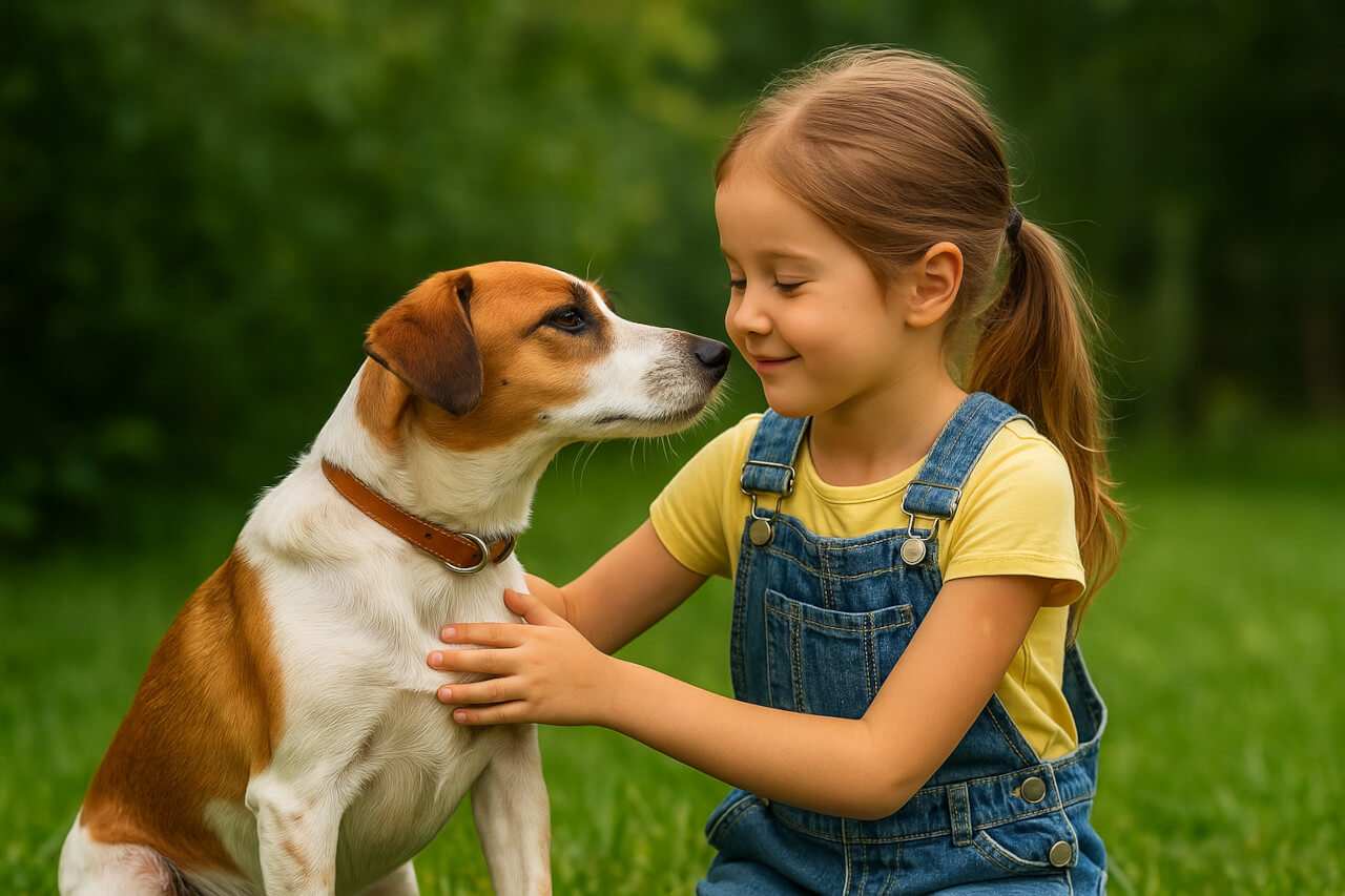 ChatGPT Image 9. Mai 2025, 10_49_02 Kinder lernen den respektvollen Umgang mit Vierbeinern - Mädchen, das einen kleinen Hund vorsichtig streichelt