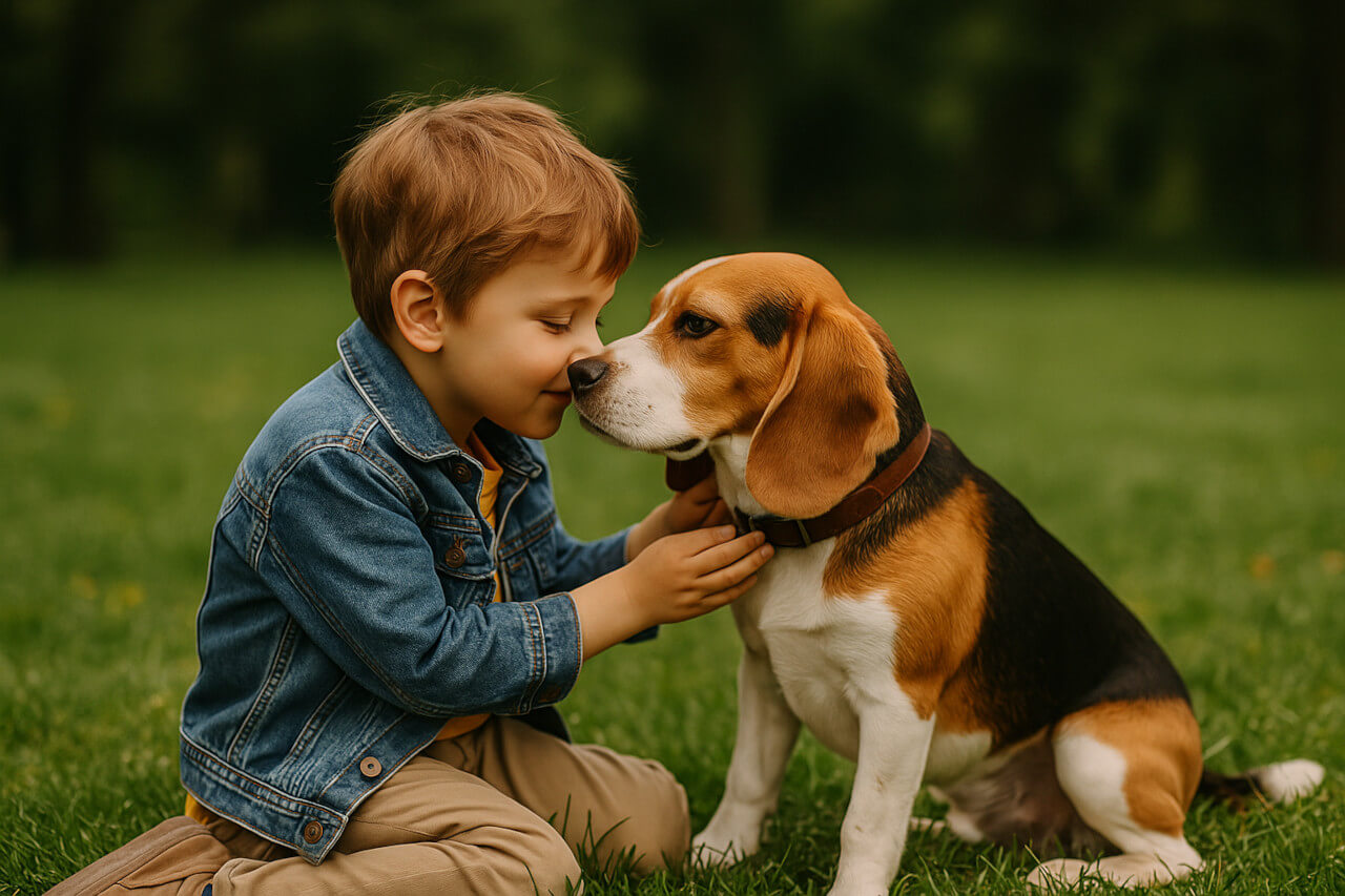 Kleiner Junge streichelt vorsichtig einen Beagle