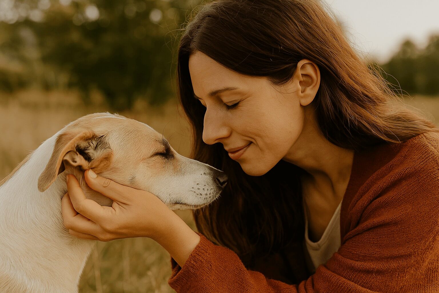 dunkelhaarige Hundebesitzerin hält liebevoll den Kopf ihres Mischlingshundes